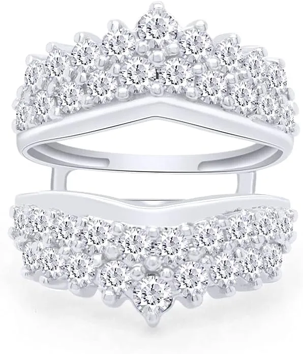 AFFY 4 Carat Round Cut Cubic Zirconia Double Row Solitaire Enhancer Guard Ring in 14k White Gold Over Sterling Silver