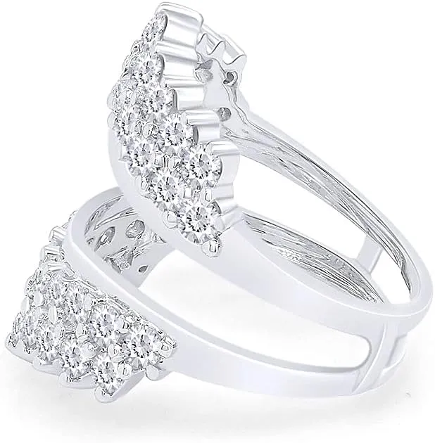 AFFY 4 Carat Round Cut Cubic Zirconia Double Row Solitaire Enhancer Guard Ring in 14k White Gold Over Sterling Silver