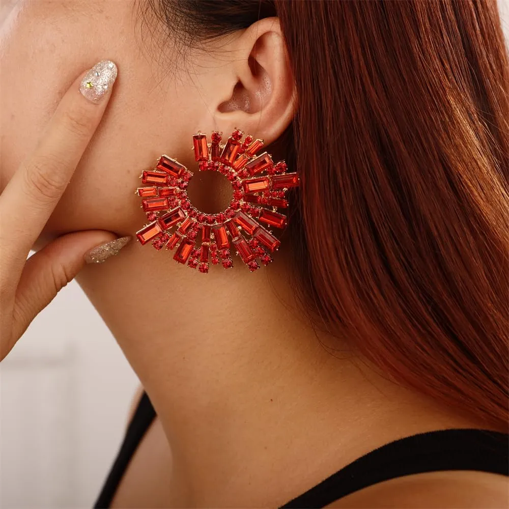 Aimimier Bohemian Full Rhinestone Big Stud Earrings Sunflower Crystal Statement Earrings Prom Party Festival Jewelry for Women