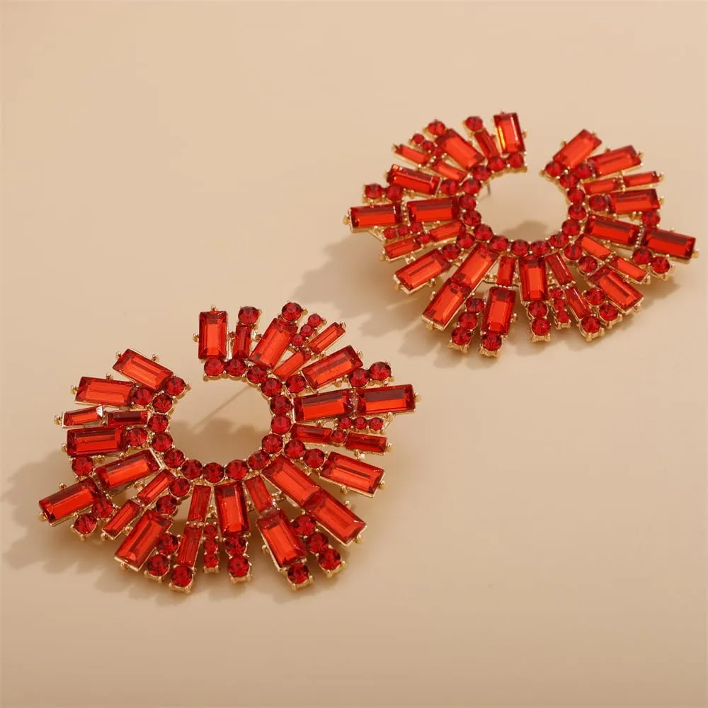 Aimimier Bohemian Full Rhinestone Big Stud Earrings Sunflower Crystal Statement Earrings Prom Party Festival Jewelry for Women