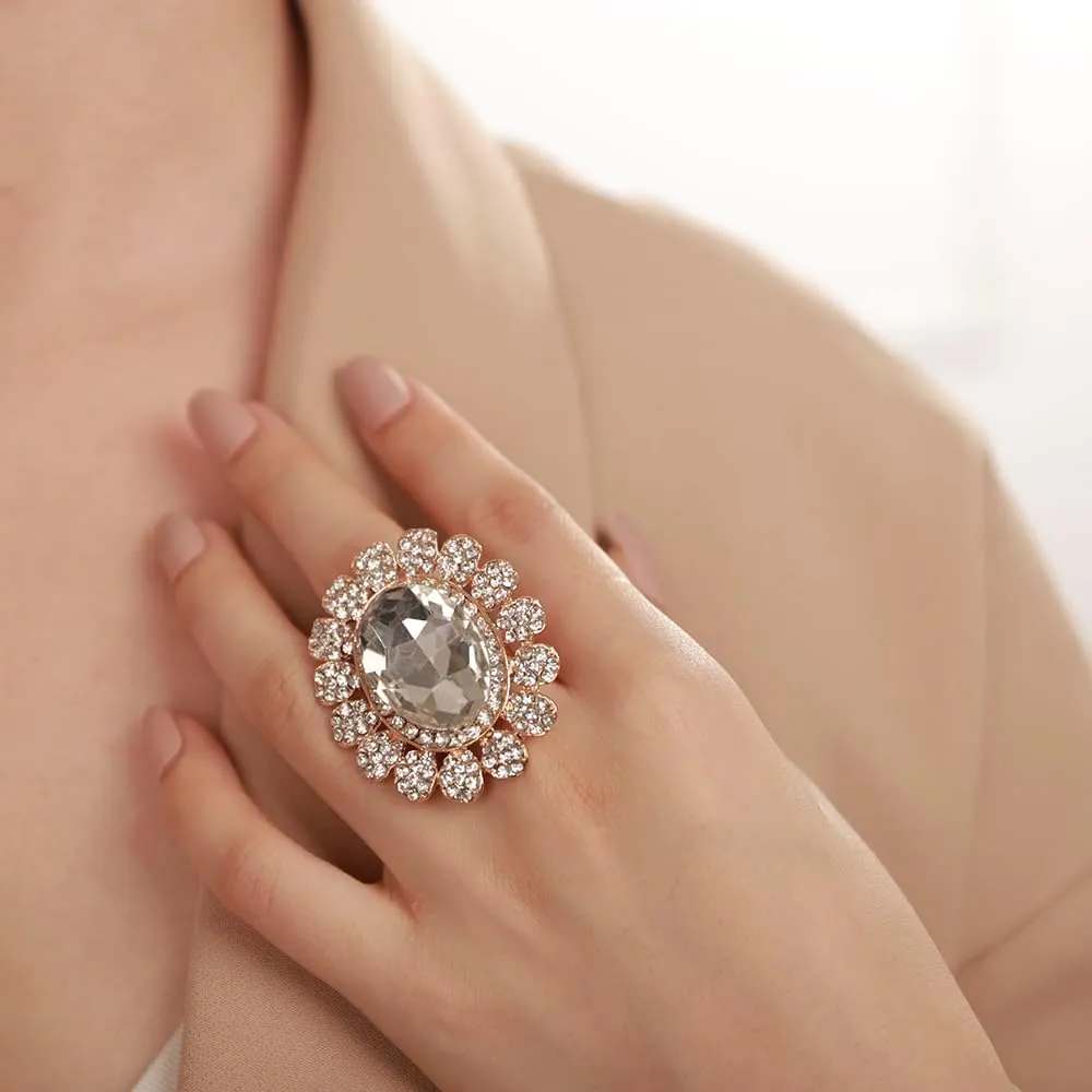 Aimimier Boho Big Oval Crystal Ring for Women Golden Flower Statement Ring