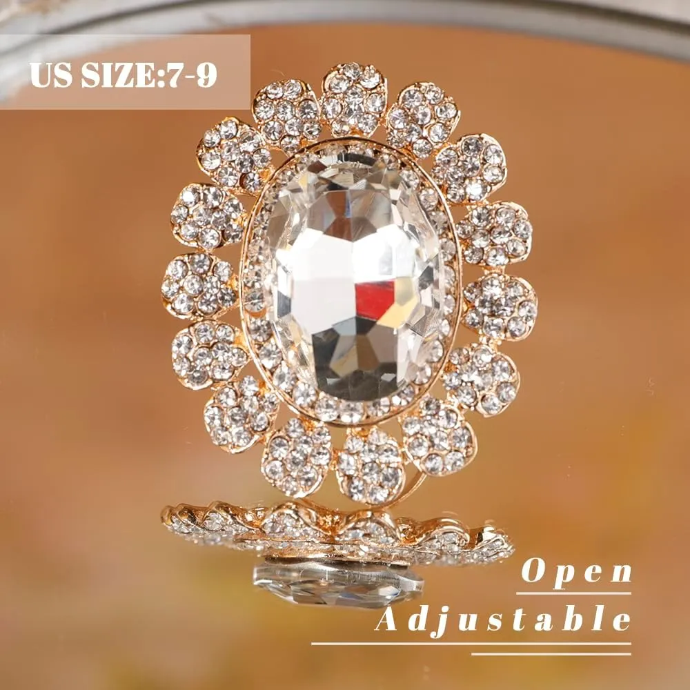 Aimimier Boho Big Oval Crystal Ring for Women Golden Flower Statement Ring