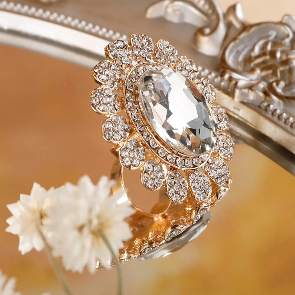 Aimimier Boho Big Oval Crystal Ring for Women Golden Flower Statement Ring