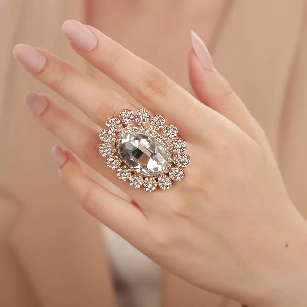 Aimimier Boho Big Oval Crystal Ring for Women Golden Flower Statement Ring