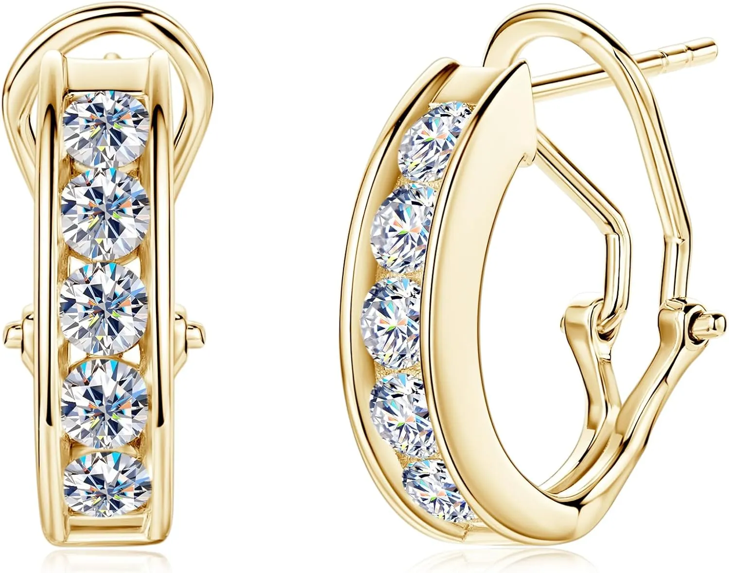 AINUOSHI Moissanite Hoop Earrings for Women Channel-Set J-Hoop Earrings 1 Carat (CTW) Lab Created Gold Plated 925 Sterling Silver Half Hoops Huggie Omega Back Earrings