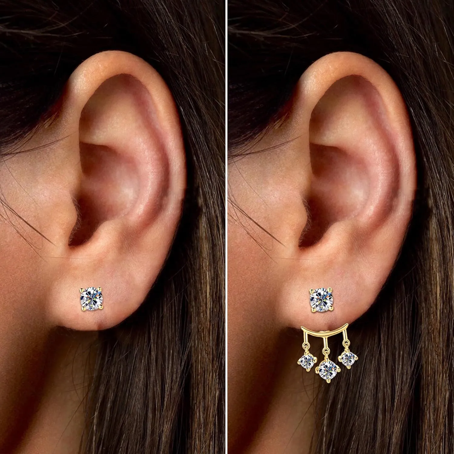 AINUOSHI Moissanite Stud Earrings with Triple Stones Dangle Drop Ear Jacket Earrings for Women 925 Sterling Silver Two Wear Style Standalone Stud Earrings and Dangle Charm Ear Jacket Combined Sets