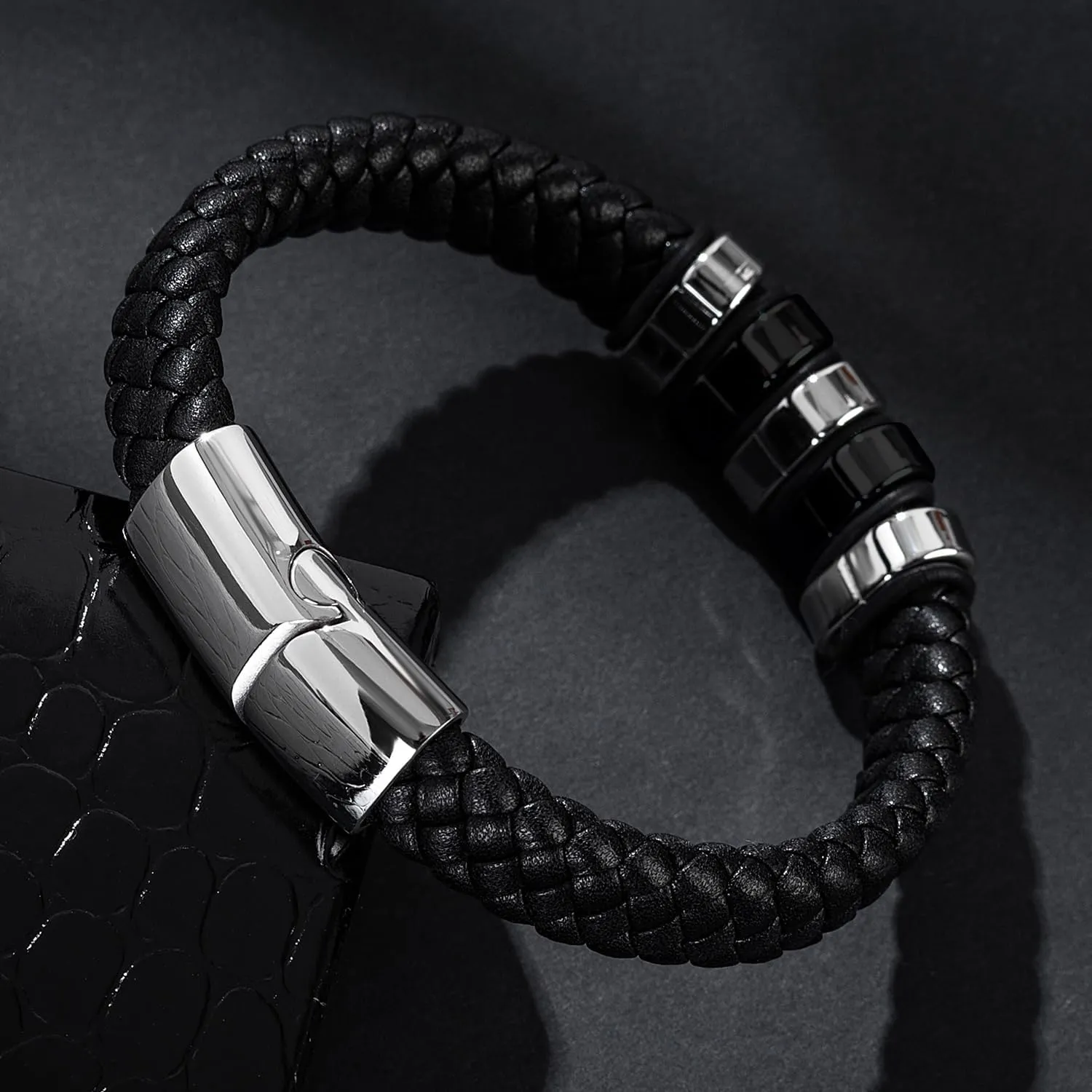 AIZU Braided Leather Wrap Bracelet - Black Brown Genuine Woven Leather Bracelet with Stainless Steel Magnetic Clasp for Men's Wristband Cuff - Mens Cross Christian Bracelet Leather