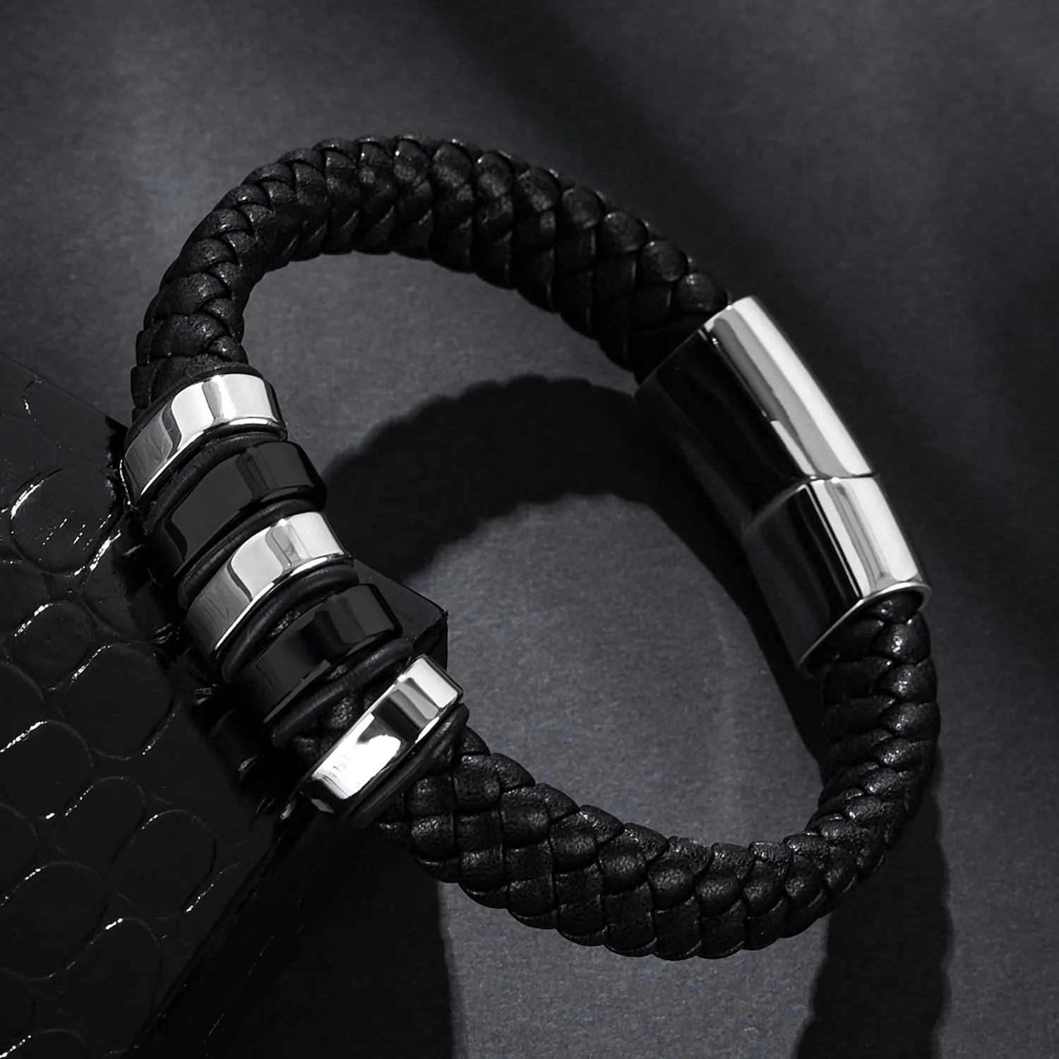 AIZU Braided Leather Wrap Bracelet - Black Brown Genuine Woven Leather Bracelet with Stainless Steel Magnetic Clasp for Men's Wristband Cuff - Mens Cross Christian Bracelet Leather