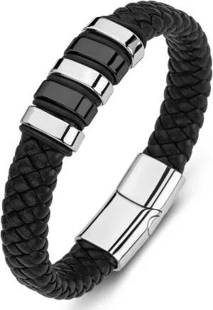 AIZU Braided Leather Wrap Bracelet - Black Brown Genuine Woven Leather Bracelet with Stainless Steel Magnetic Clasp for Men's Wristband Cuff - Mens Cross Christian Bracelet Leather