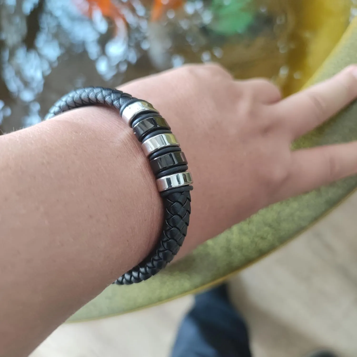 AIZU Braided Leather Wrap Bracelet - Black Brown Genuine Woven Leather Bracelet with Stainless Steel Magnetic Clasp for Men's Wristband Cuff - Mens Cross Christian Bracelet Leather