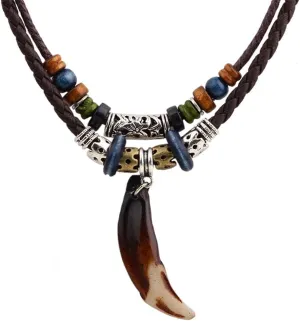 AKAOK 1 Pack Men Leather Necklace, Vintage Bohemian Style Wood Beads Choker Double Layers Braided Leather Tribal Necklace for Daily Life