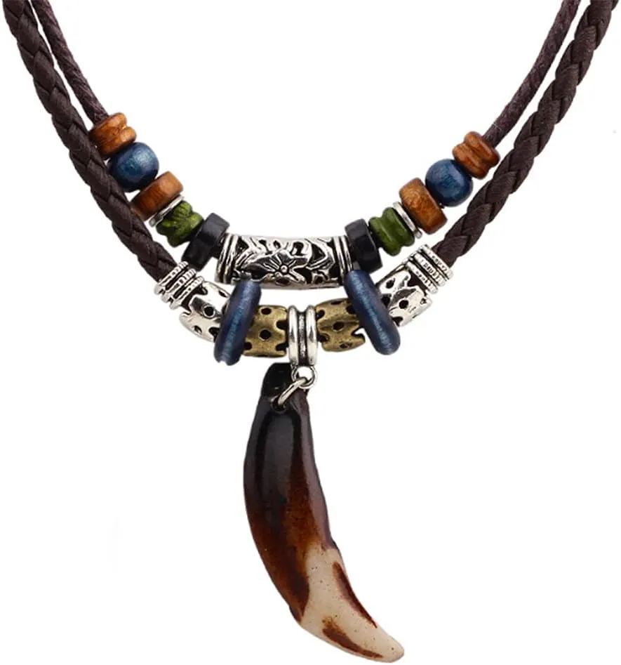 AKAOK 1 Pack Men Leather Necklace, Vintage Bohemian Style Wood Beads Choker Double Layers Braided Leather Tribal Necklace for Daily Life