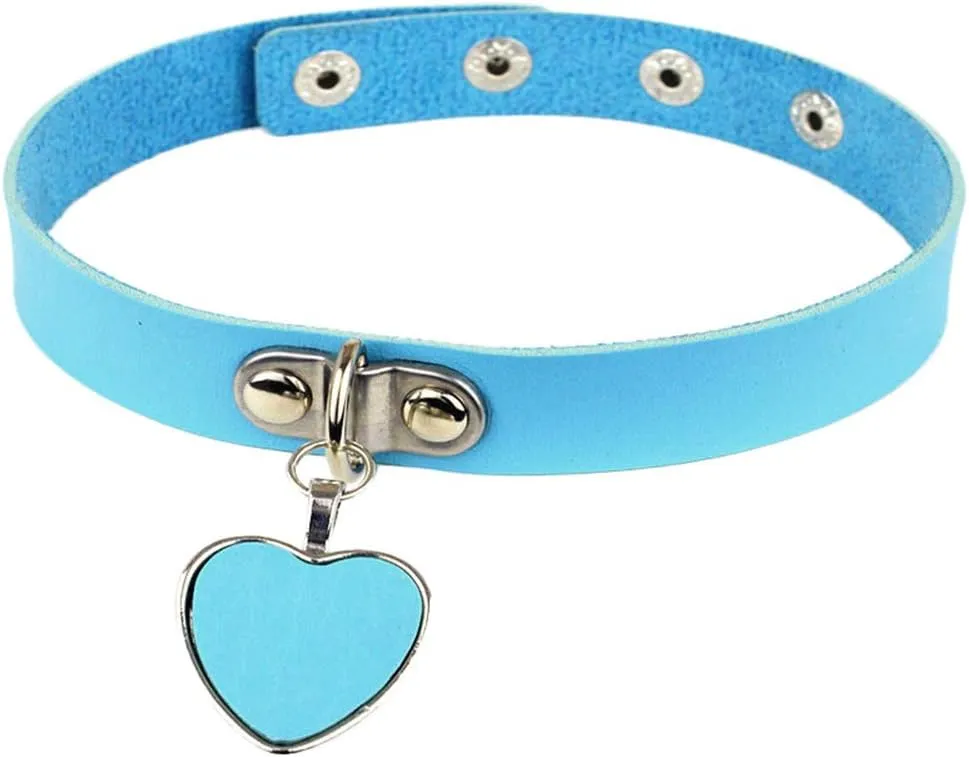 AKOAK Fashion Cool Rock Style Steampunk Punk Goth Heart-Shape Pendant Link PU Leather Collar Choker Necklace(Light Blue)