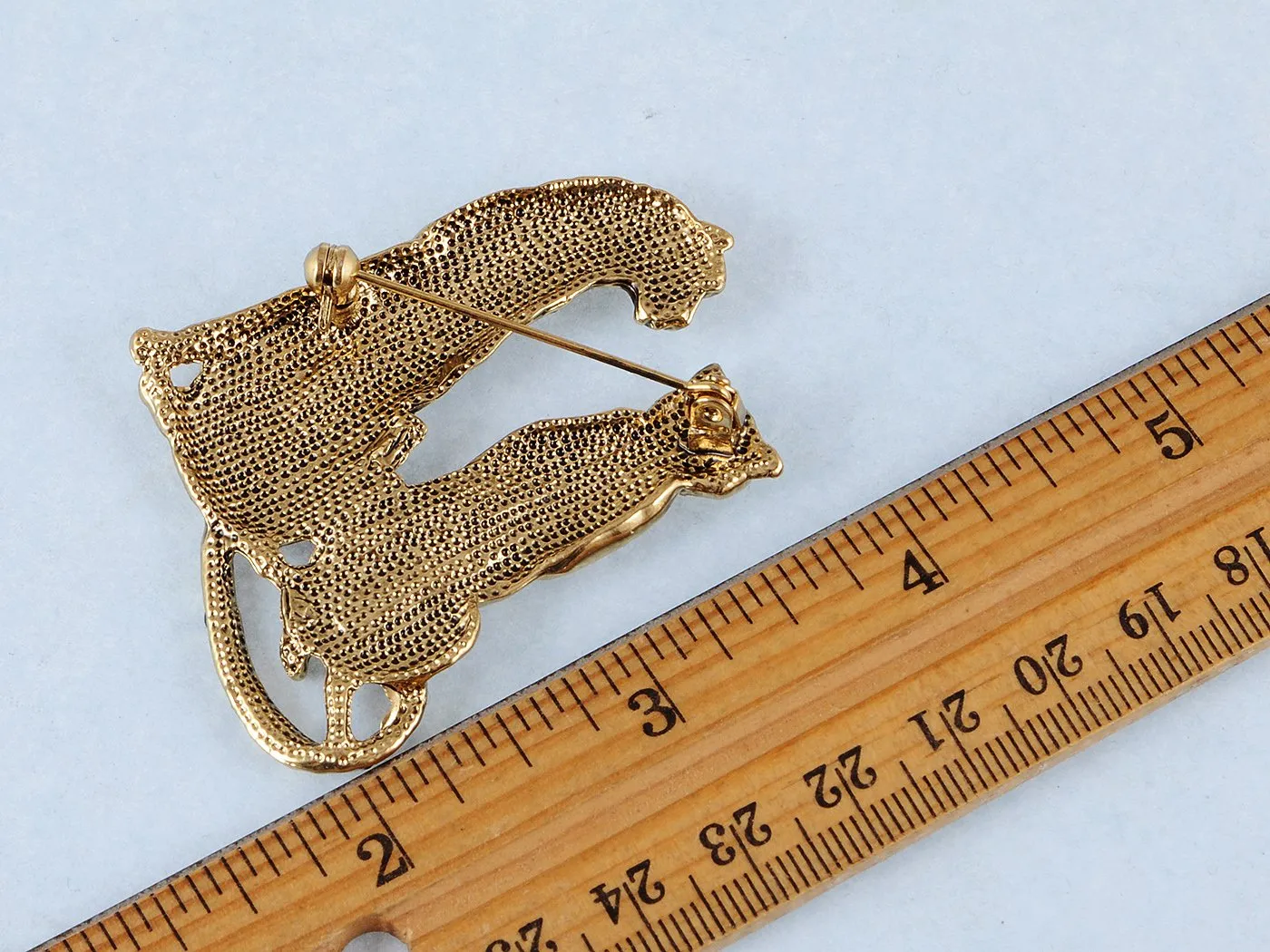 Alilang Golden Tone Tuquoise Blue Eyed Spotted Leopard Family Twin Lover Brooch Pin