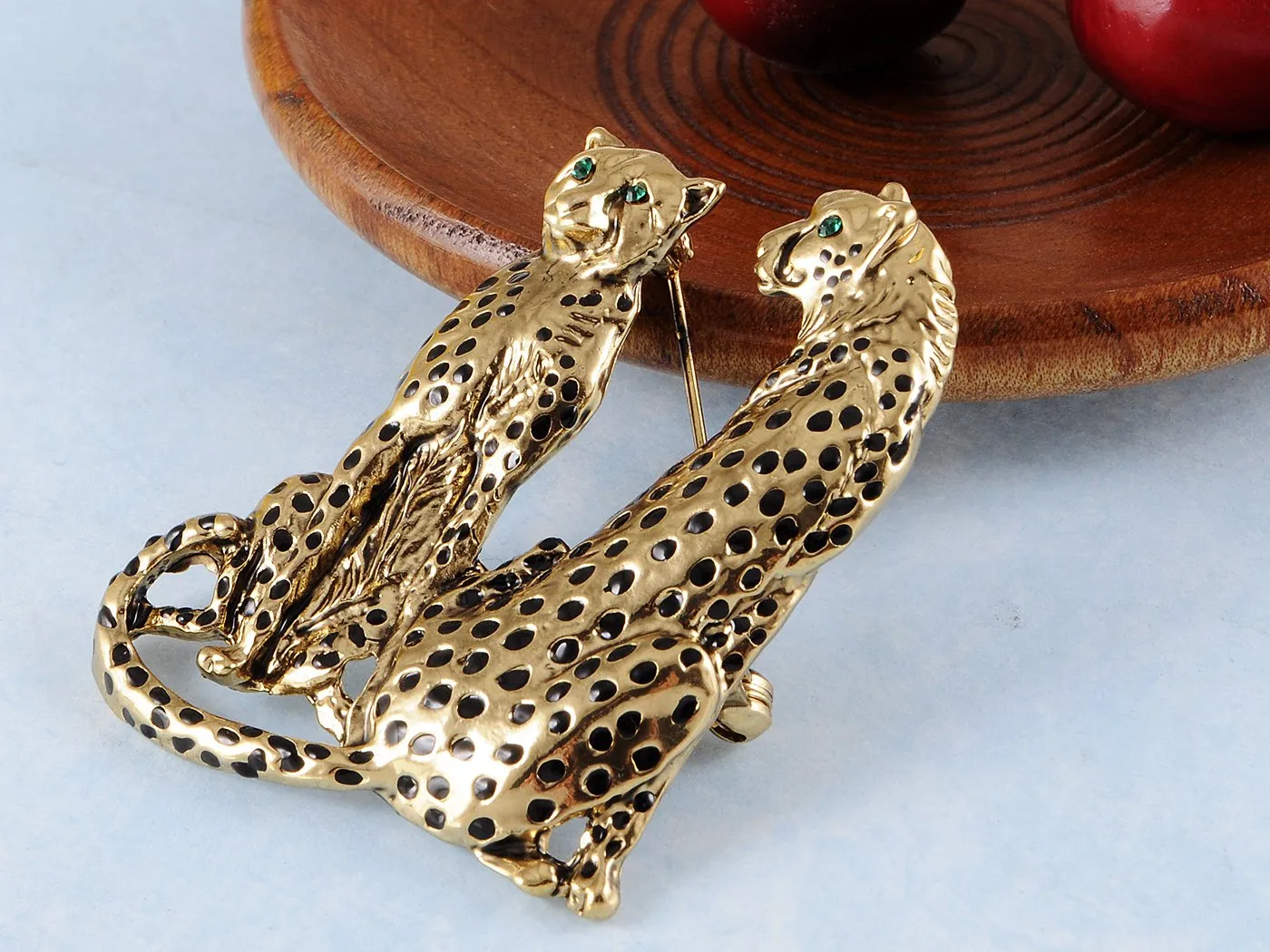 Alilang Golden Tone Tuquoise Blue Eyed Spotted Leopard Family Twin Lover Brooch Pin
