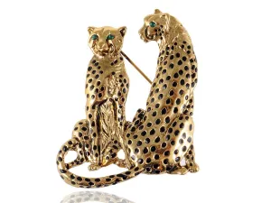Alilang Golden Tone Tuquoise Blue Eyed Spotted Leopard Family Twin Lover Brooch Pin