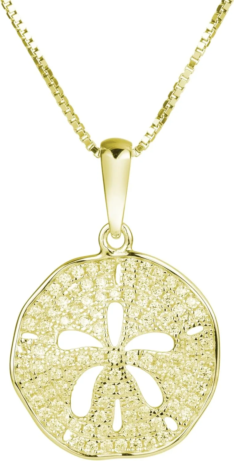 Aloha Jewelry Company 925 Sterling Silver Sand Dollar Cubic Zirconia Pave Sea Life Charm Necklace Pedant with 18" Box Chain, Nickle Free Hypoallergenic for Sensitive Skin, with Gift Box