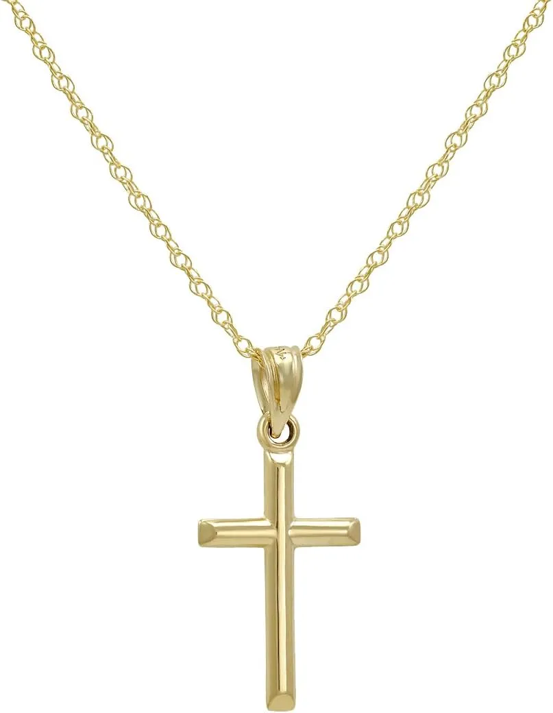 Amanda Rose Collection 14K Yellow Gold Petite Cross Pendant Necklace on a 14K Gold Chain| 14K Yellow Gold 18 or 20 inch Chain Necklaces for Women