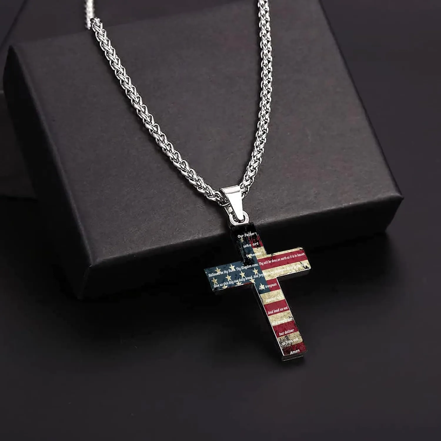 American Flag Bible Cross Pendant Necklace Christian Religious Jewelry Men's Women's