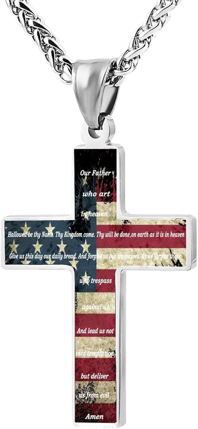 American Flag Bible Cross Pendant Necklace Christian Religious Jewelry Men's Women's