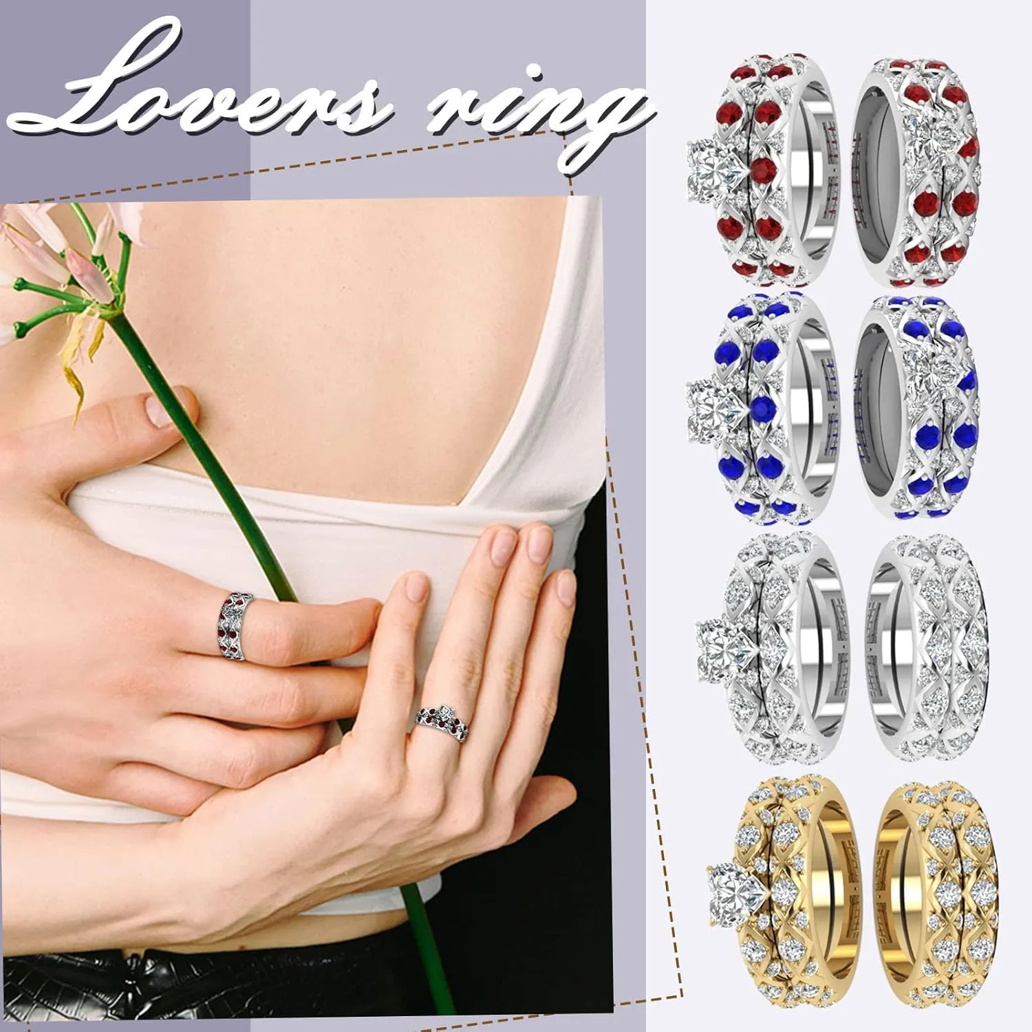 American Full Pattern Peach and Heart Couple Diamonds Inlaid European Zircon Ring Diamonds Micro-Inlaid Rings Big Ring (Sliver, 5)