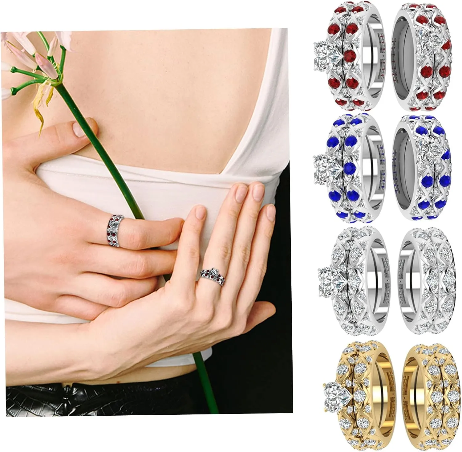 American Full Pattern Peach and Heart Couple Diamonds Inlaid European Zircon Ring Diamonds Micro-Inlaid Rings Big Ring (Sliver, 5)