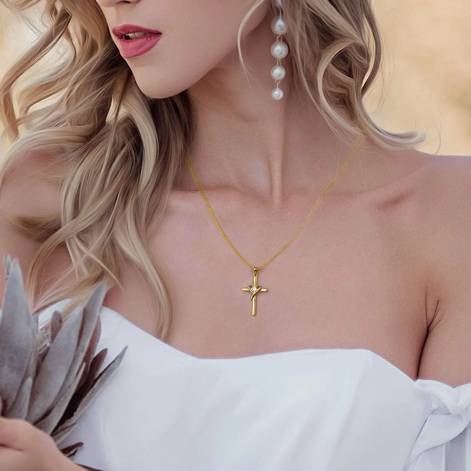 AmorAime 925 Sterling Silver Cross Necklace for Women Men 5A CZ Birthstone Necklaces 14K Gold Plated or Rose Gold Necklace for Easter or Mother's Day