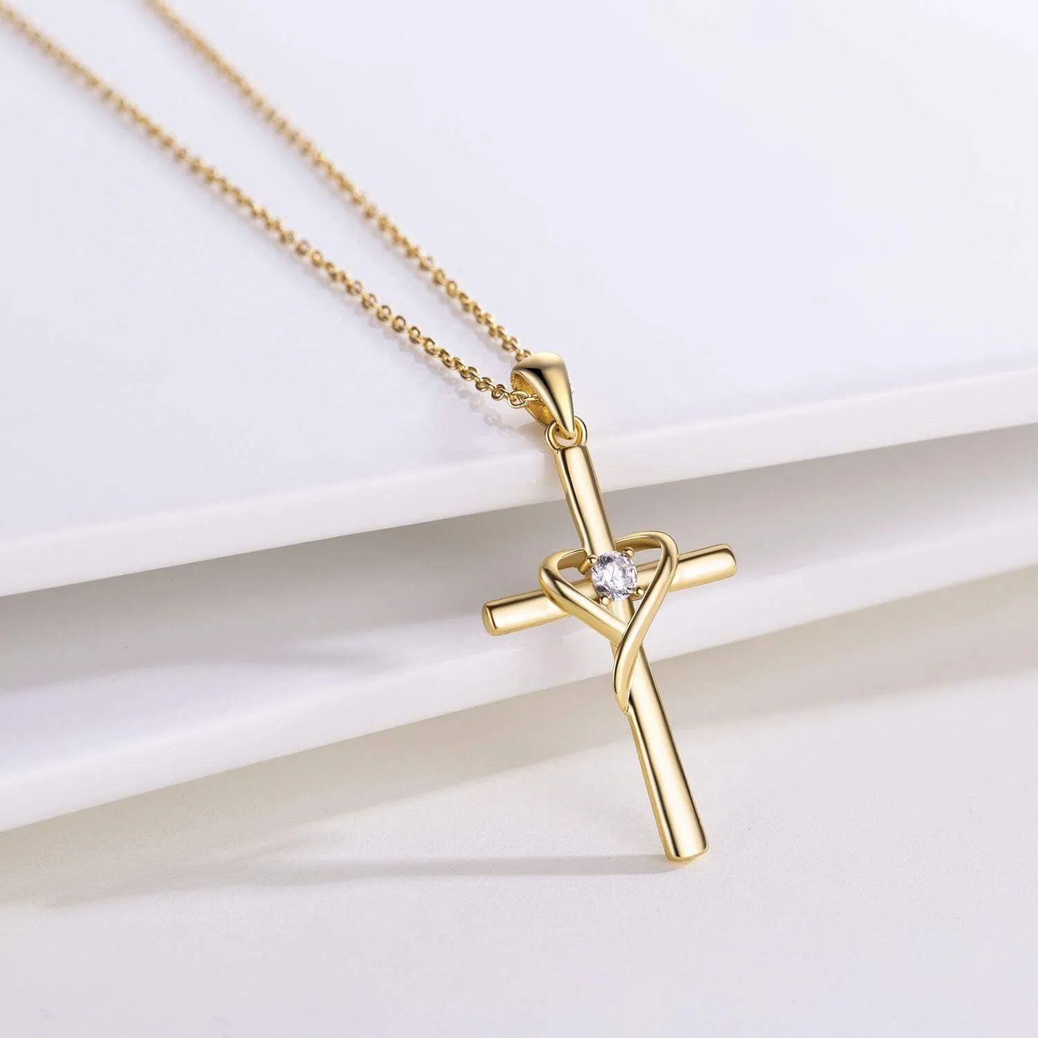 AmorAime 925 Sterling Silver Cross Necklace for Women Men 5A CZ Birthstone Necklaces 14K Gold Plated or Rose Gold Necklace for Easter or Mother's Day
