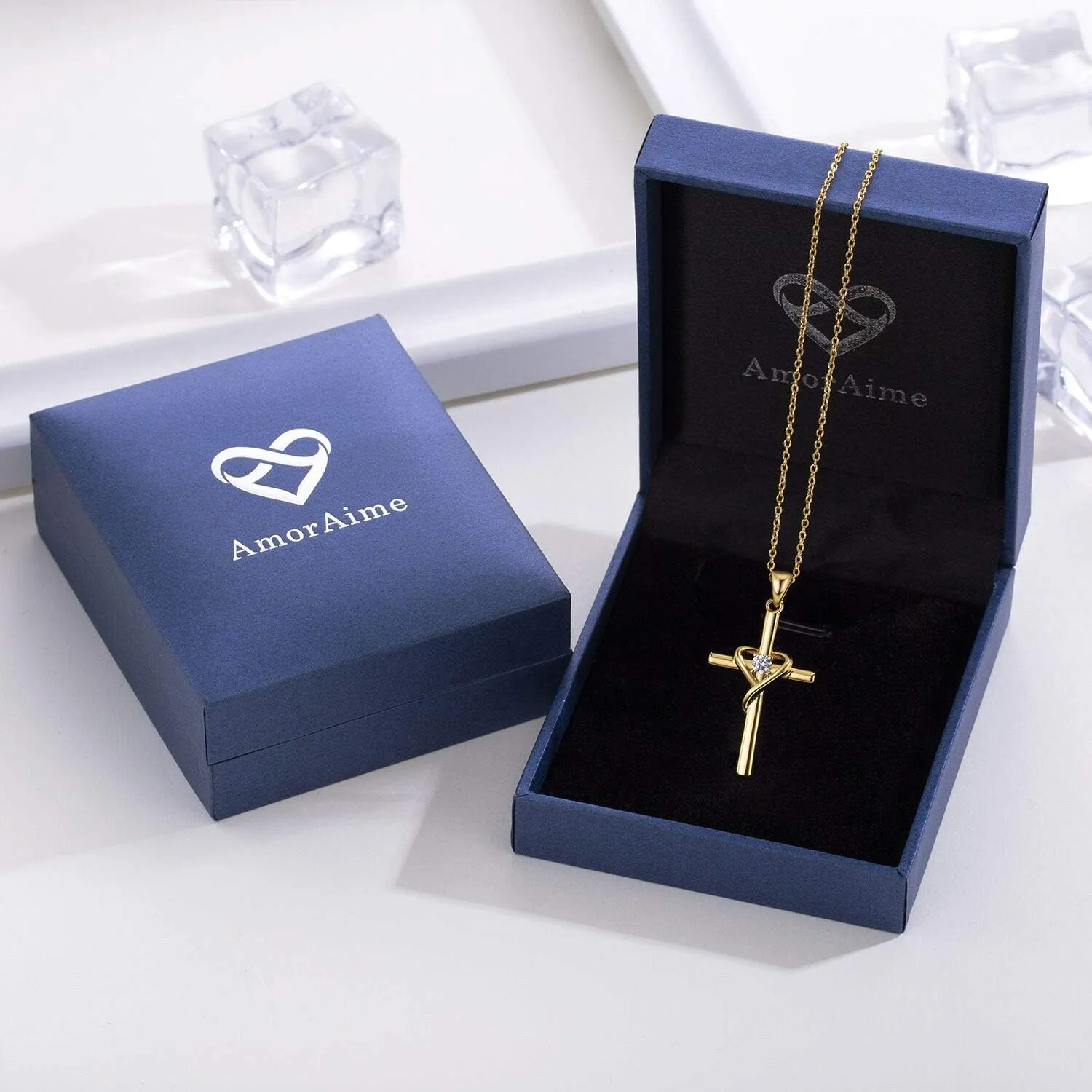 AmorAime 925 Sterling Silver Cross Necklace for Women Men 5A CZ Birthstone Necklaces 14K Gold Plated or Rose Gold Necklace for Easter or Mother's Day