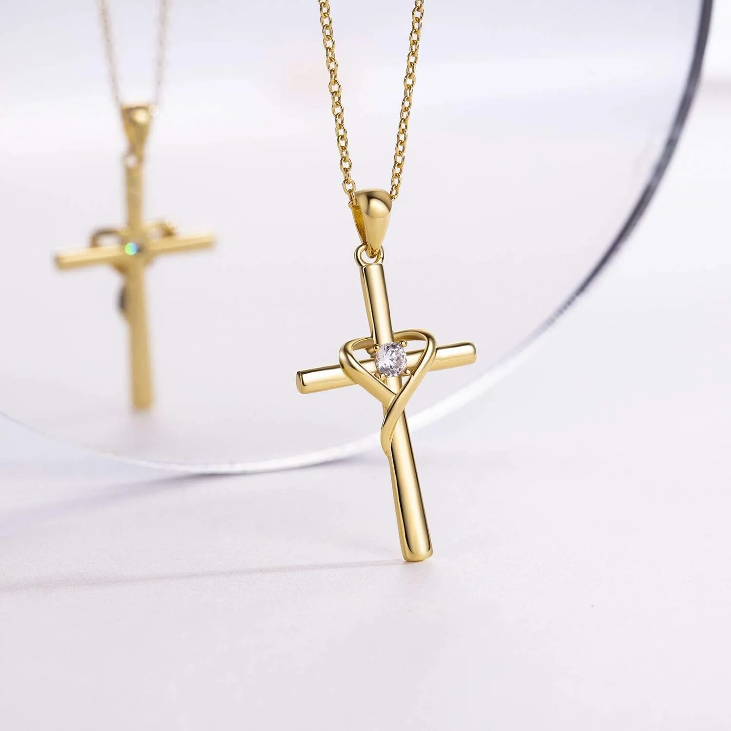 AmorAime 925 Sterling Silver Cross Necklace for Women Men 5A CZ Birthstone Necklaces 14K Gold Plated or Rose Gold Necklace for Easter or Mother's Day