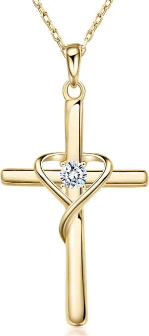 AmorAime 925 Sterling Silver Cross Necklace for Women Men 5A CZ Birthstone Necklaces 14K Gold Plated or Rose Gold Necklace for Easter or Mother's Day