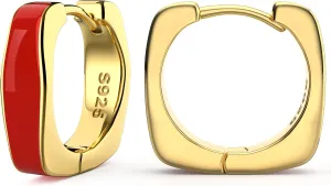 AMORAMOR & FOREVER 14K Gold Plated Enamel Huggie Hoop Earrings for Women - Matte And Glossy Chunky Neon Colorful Small Huggie Earrings Thick Trendy Y2K Square And Round Earrings