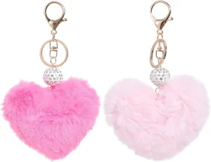 Amosfun 2 Pcs Heart Shape Keychains Heart Faux Fur Pom Pom Key Chains Bag Accessory for Women and Girls