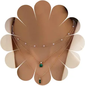 Andelaisi Boho Green Emerald Choker Necklace Layered Green Emerald Necklace Choker Vintage Pearl Strand Necklace Vintage Emerald Square Pendant Necklace Jewelry for Women