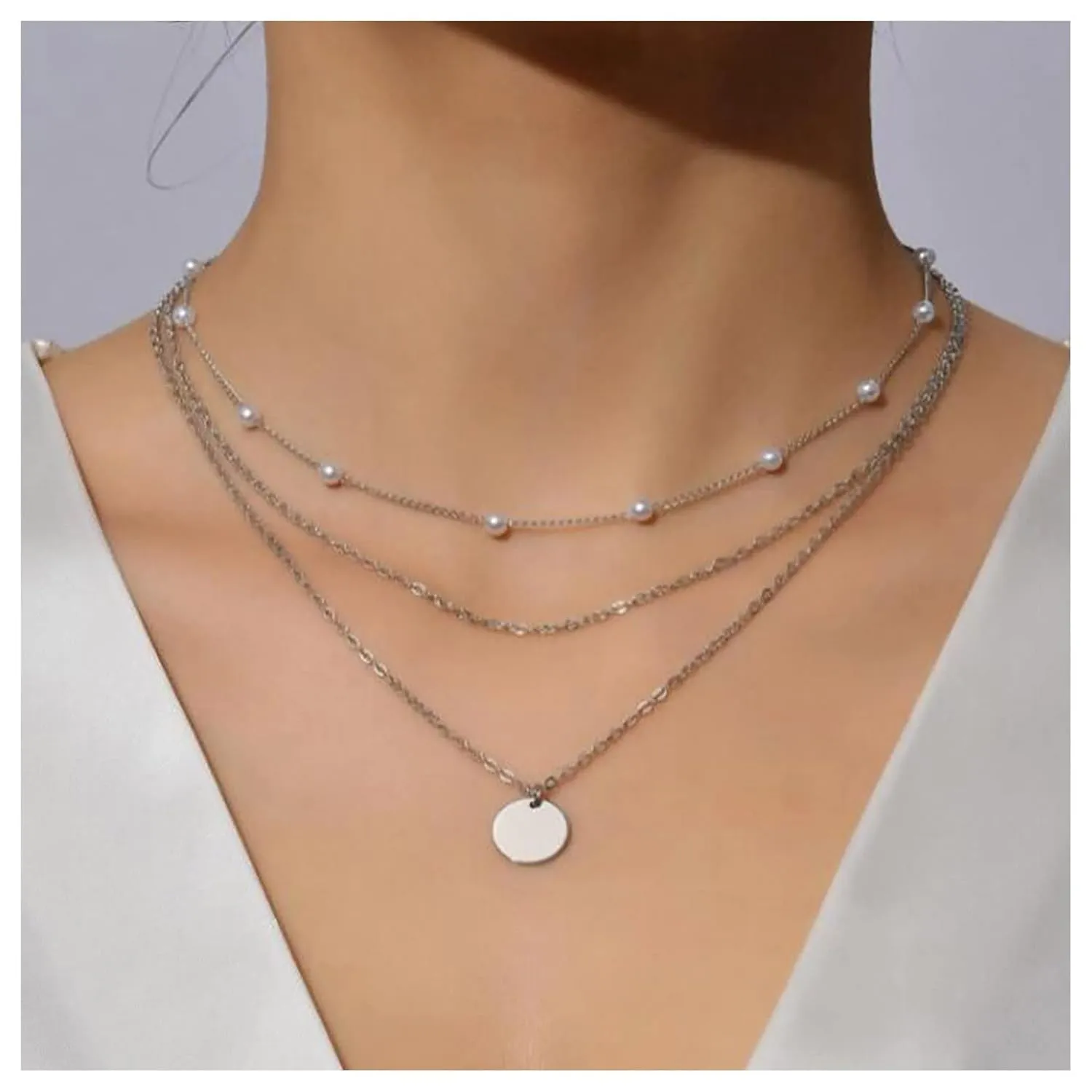 Andelaisi Boho Layered Disc Coin Choker Necklace Silver Pearl Necklace Choker Vintage Station Pearl Necklace Multilayer Coin Pendant Necklace Jewelry for Women