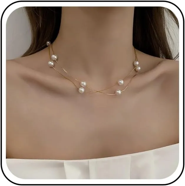 Andelaisi Boho Layered Pearl Necklace Choker Gold Pearl Bead Choker Necklace Vintage Pearl Chain Necklace Round Pearl Necklace Jewelry for Women