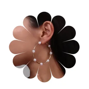 Andelaisi Boho Open Large Circle Earrings Round Beaded Pearl Hoop Earrings Gold Pearl Huggies Hoop Earrings Retro Pearl Dangling Earrings Jewelry for Women (Smaller)