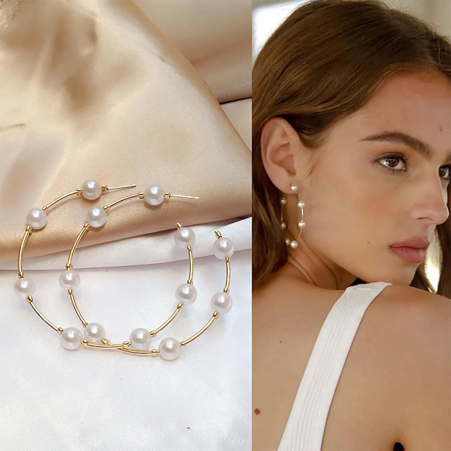 Andelaisi Boho Open Large Circle Earrings Round Beaded Pearl Hoop Earrings Gold Pearl Huggies Hoop Earrings Retro Pearl Dangling Earrings Jewelry for Women (Smaller)