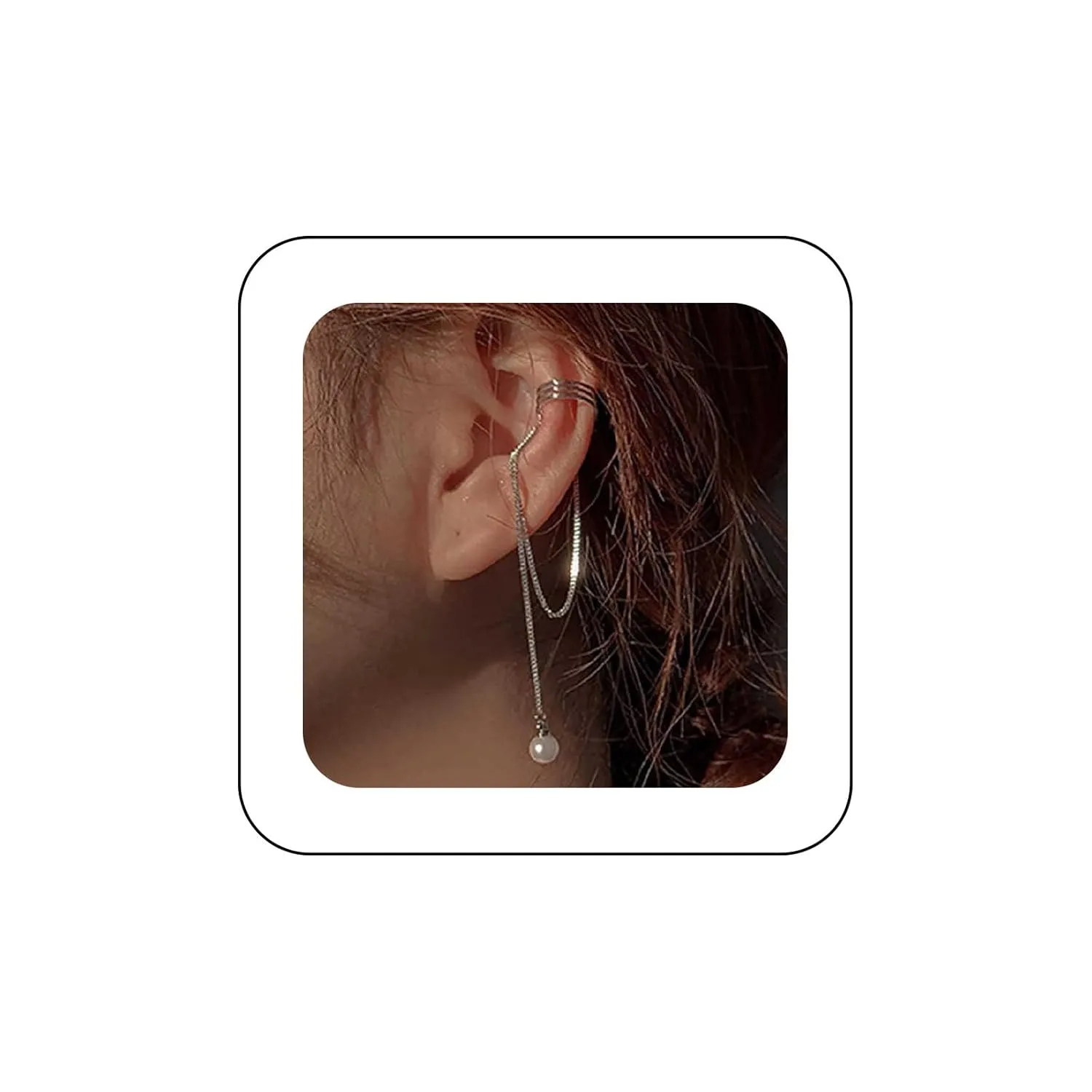 Andelaisi Boho Pearl Cuff Wrap Earring Vintage C Shape Cartilage Chain Earrings Silver Pearl Chain Cuff Earrings Long Pearl Tassel Chain Earrings Non Piercing Cuff Wrap Earrings Jewelry for Women