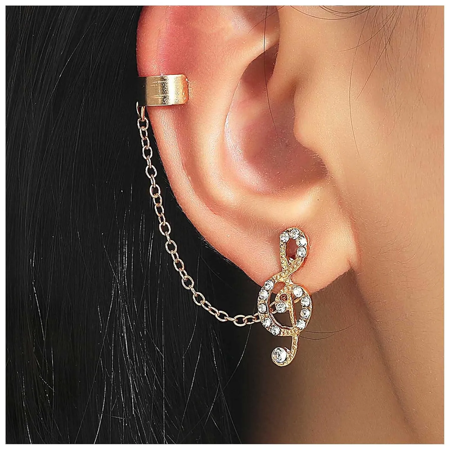Andelaisi Boho Tassel Chain Cuff Earrings Gold Cz Crawler Climber Earrings Vintage Musical Note Stud Earrings Small Hoop Wrap Chain Earring Retro Chain Pendant Earrings Jewelry for Women
