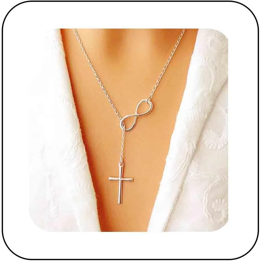 Andelaisi Silver Infinite Lariat Necklace Cross Pendant Necklace Lucky Number 8 Y Necklace Jesus Cross Necklace Choker Silver Cross Crucifix Necklace Chain Religious Jewelry for Women
