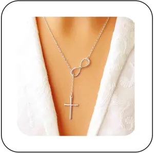 Andelaisi Silver Infinite Lariat Necklace Cross Pendant Necklace Lucky Number 8 Y Necklace Jesus Cross Necklace Choker Silver Cross Crucifix Necklace Chain Religious Jewelry for Women