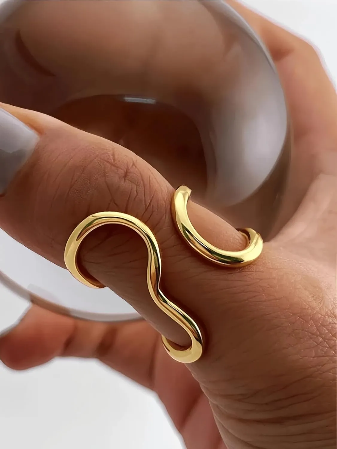 Angyape Gold Thumb Rings for Women/Men,Chunky Asymmetrical Wave Curve Open Ring Stainless Steel Adjustable Plated Ring Bold Thick Statement Thumb Rings Jewelry Gifts For Women Men