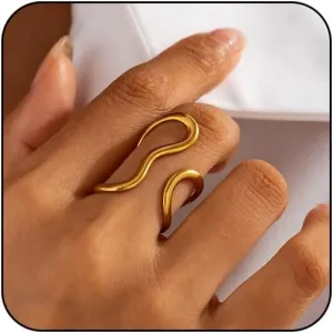 Angyape Gold Thumb Rings for Women/Men,Chunky Asymmetrical Wave Curve Open Ring Stainless Steel Adjustable Plated Ring Bold Thick Statement Thumb Rings Jewelry Gifts For Women Men