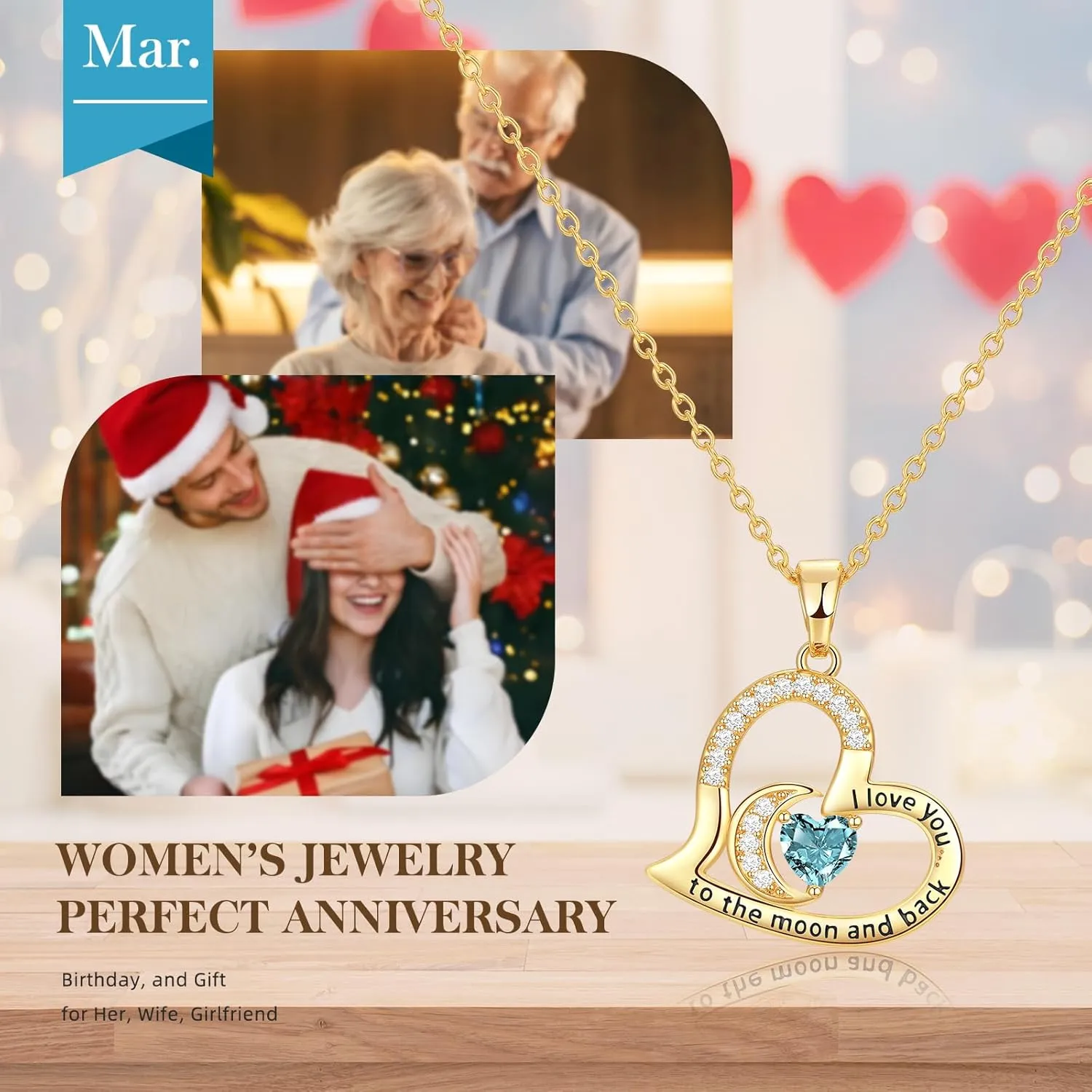 Anniversary Necklace for Women Birthstone Jewelry for Wife Gifts for Her Wife Birthday Gift Ideas Anniversary for Girlfriend I love you to the moon and back Necklaces Filled 925 Sterling Sliver