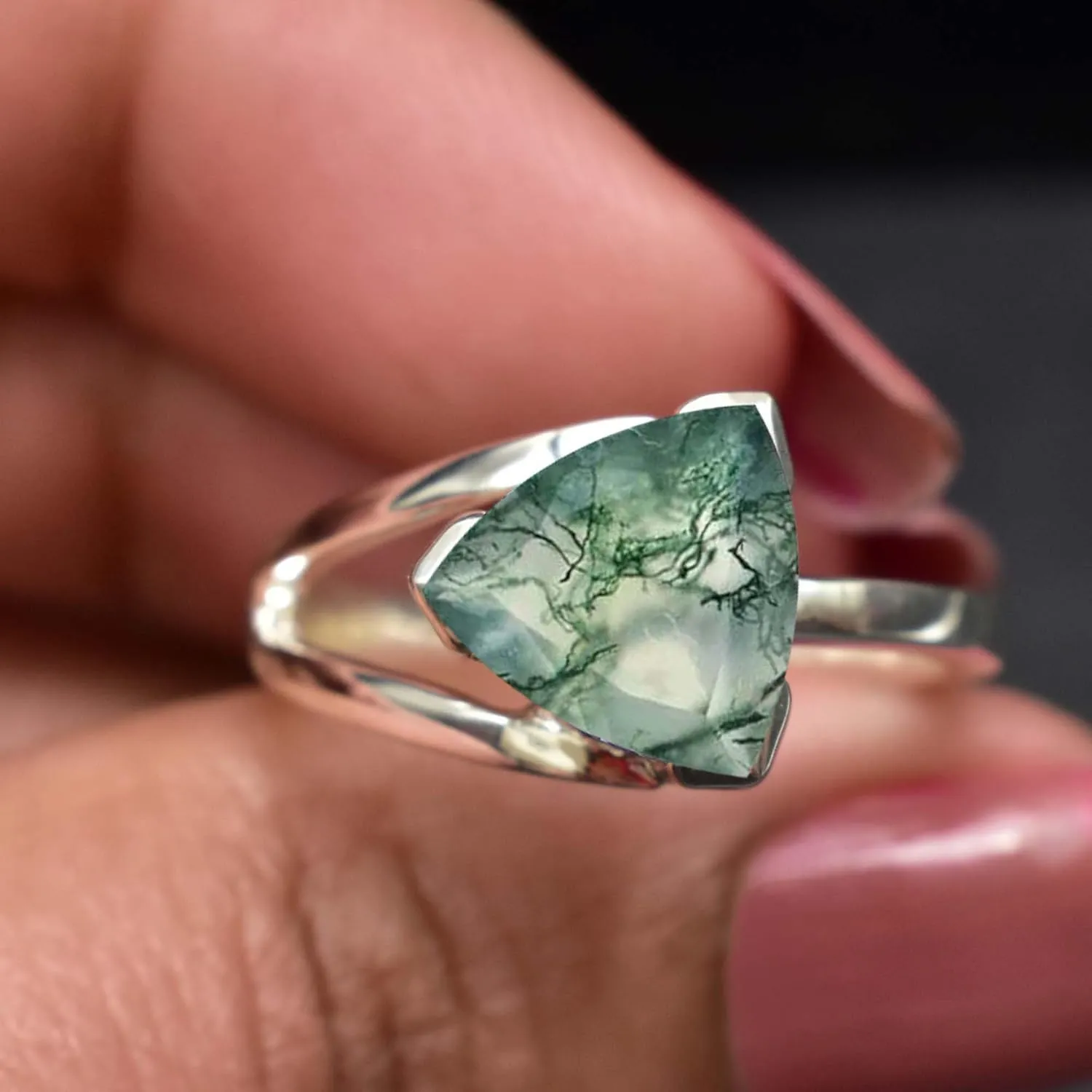 Antique Designer Moss Agate Gemstone Ring 925 Sterling Silver Ring Friendshp Love Gift Women & Girls Heling Green Agate Gemstone Handmade Bohemian Ring (Moss Agate)