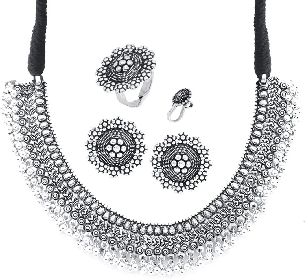 Antique Silver Oxidized Ethnic Indian Traditional latest Leaf Charm Pink Thread Neck Dori Necklace Earrings Jewelry Set