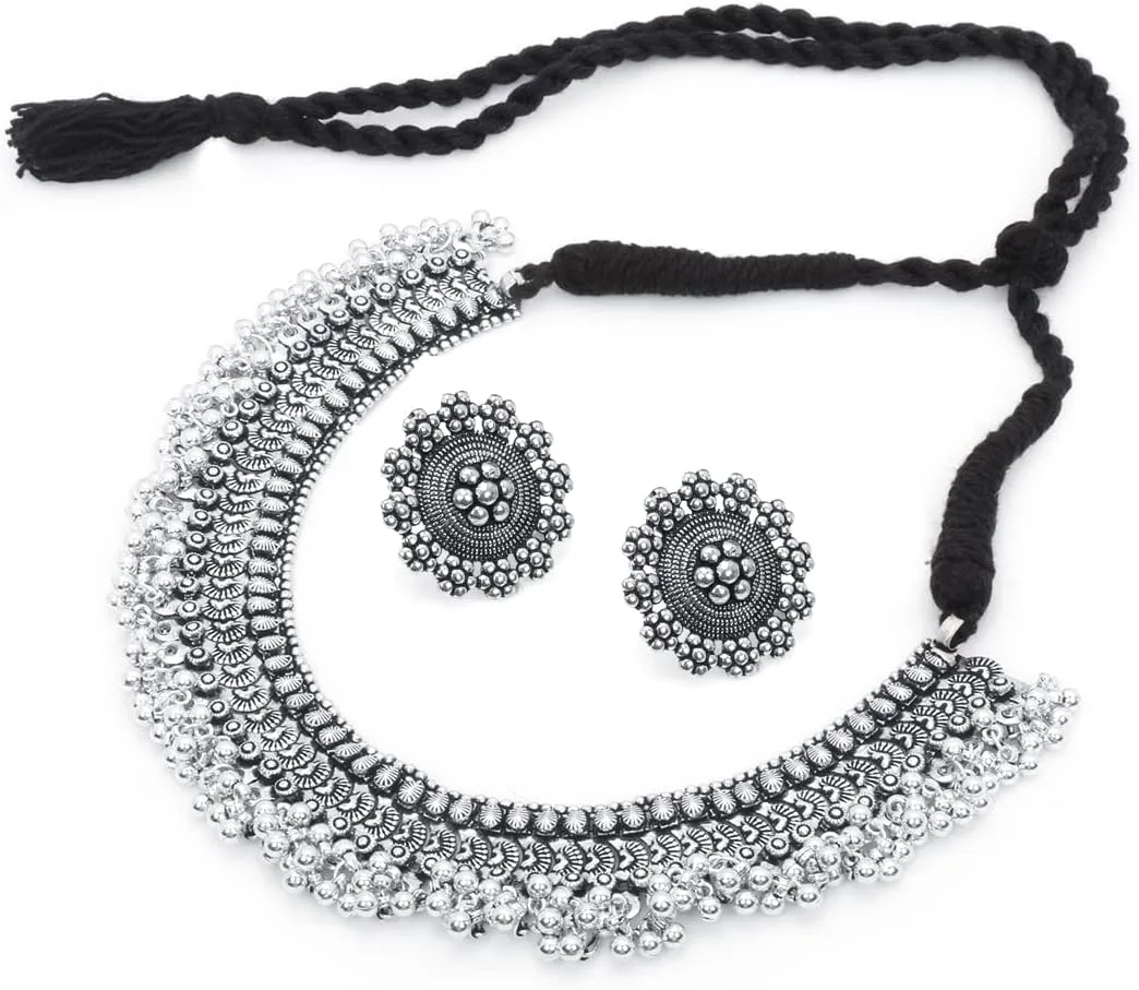 Antique Silver Oxidized Ethnic Indian Traditional latest Leaf Charm Pink Thread Neck Dori Necklace Earrings Jewelry Set