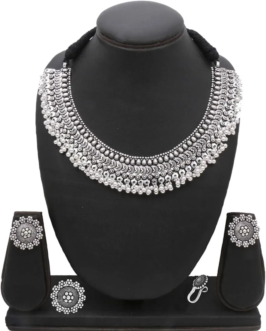 Antique Silver Oxidized Ethnic Indian Traditional latest Leaf Charm Pink Thread Neck Dori Necklace Earrings Jewelry Set