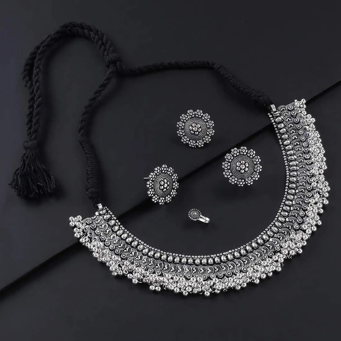 Antique Silver Oxidized Ethnic Indian Traditional latest Leaf Charm Pink Thread Neck Dori Necklace Earrings Jewelry Set